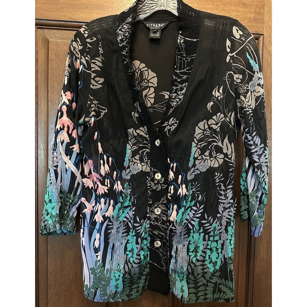 Citron Santa‎ Monica Silk Button Up Blouse Tunic Floral Small EUC